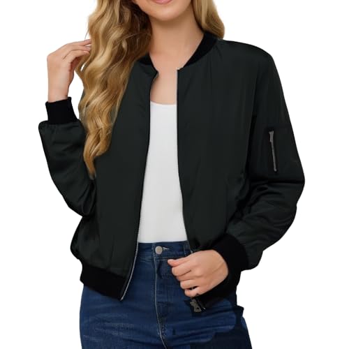 Bomberjacke Damen Leichte Coat Sweatjacke Casual Kurze Blouson Jacke Langarm Outwear Pilotenjacke Reißverschlusstasche (DE/NL/SE/PL, Alphanumerisch, M, Regular, Regular, Schwarz) von Generisch