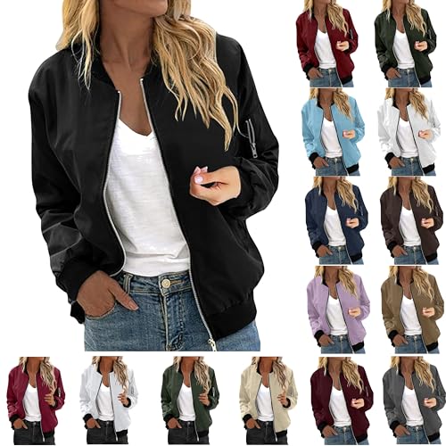 Bomberjacke Damen Leichte Übergangsjacke ohne kapuze Langarm Stehkragen Blouson Jacke Herbst Winter Fliegerjacke Sport Style Fahrradjacke Zip Up Einfarbig College Jacke Passform Pilotenjacke von Generisch