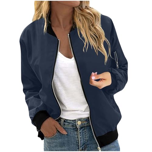 Bomberjacke Damen Leichte Übergangsjacke ohne Kapuze Langarm Stehkragen Blouson Jacke Herbst Winter Fliegerjacke Sport Style Fahrradjacke Zip Up Einfarbig College Jacke Passform Pilotenjacke von Generisch