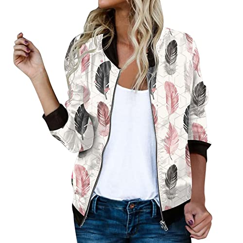 Bomberjacke Damen Sommerjacke Kurze Leichte Sweatjacke Casual Übergangsjacke Pilotenjacke Langarm Outwear Zip Up Solid Leichte Coat Kurz Blouson Jacke mit Blumenmuster Frühlingsjacke Fliegerjacke von Generisch