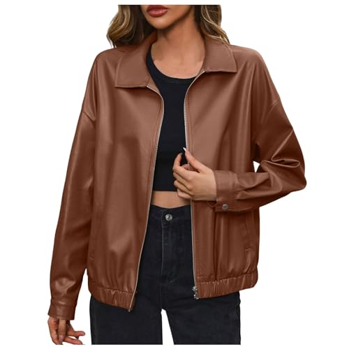 Bikerjacke Damen Bomberjacke Lederimitat Jacke Oversize Fliegerjacke Schwarze Pilotenjacke Kunstlederjacke Blouson Baseball von Generisch