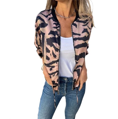 Bomberjacke für Damen, Leopardenmuster, Reißverschluss, 2025, Frühling, Langarm, Freizeitjacke, Mode, Leopardenmuster, Windbreaker mit Taschen, rose, S von Generisch
