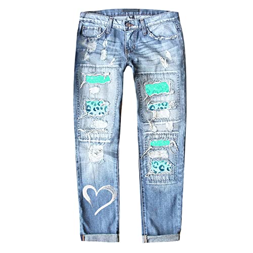 Bonprix Damen Herbst- und Winter-Valentinstag-Jeans, Bedruckte, Lochverdickte Hose, Jeanshosen Damen Stretch Mit Applikationen (Blue, M) von Generisch