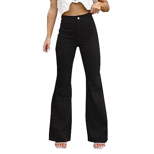 Bootcut Cordhose Damen Stretch Schlaghose Hose Skinny Bauchweg Warm Jogginghose Atmungsaktive Cord Hosen Langgröße Outdoorhose Bequeme Elegant Damenhose Lang High Waist Relaxhose (Black, L) von Generisch