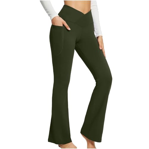 Bootcut Flare Yogahose für Damen, hohe Taille, mit Taschen, V Crossover, hohe Taille, Bootcut-Yoga-Leggings, olivgrün, M von Generisch