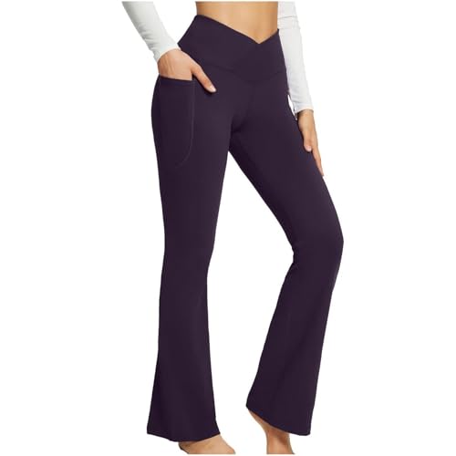 Bootcut Flare Yogahose für Damen, hohe Taille, mit Taschen, V Crossover, hohe Taille, Bootcut-Yoga-Leggings, violett, M von Generisch
