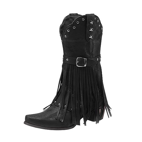 Boots Damen Cowboystiefel für Damen, Westernstiefel, spitzer Zehenbereich, niedriger Blockabsatz, Quastendekoration, Stiefeletten, Damenschuhe (Black, 38) von Generisch