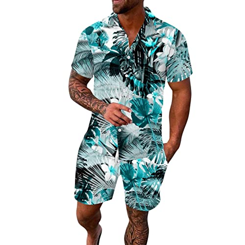 Generisch Borat Anzug Herren Frühling/Sommer Freizeit Sport Hawaii Beach Style Stitching Stripe Print Kurzarm Hemdhose Zweiteiliges Set Komplett Anzug Kinder (Sky Blue, XXL) von Generisch
