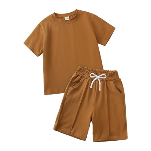Braun Sportbekleidung Kinder Jungen 140 Set Baumwolle 2 Teiler Einfarbig Trainingsanzug Sommer Outfits Zweiteiler Kurze Hose Und T-Shirt Sport Set Sportanzug 2 Piece Jogging Kinderkleidung von Generisch
