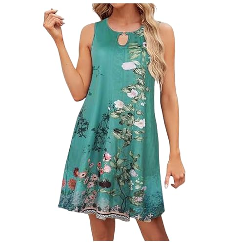 Brautjungfernkleider VEUNCOS Sommerkleid Damen Knielang Boho Ärmellos Tunika Kleid Freizeit Swing Strandkleider Mit Taschen Damen Kleider A Linie Wadenlang (Dark Green, XXL) von Generisch