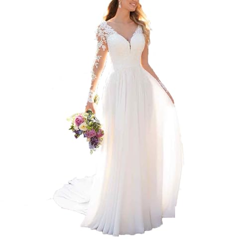 Brautkleid mit Ärmel Lange Tüll Prinzessin Hochzeitskleider A Linie Standesamtkleid Schlichte Brautmode Brautkleider weiß54 von Generisch