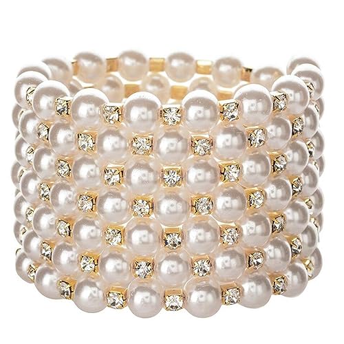 Breites Statement-Perlenarmband für Damen, Strass, Perlen, verstellbares Armband, Manschette, Hochzeitsschmuck, professionell, Kein Edelstein von Generisch