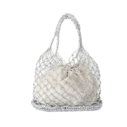 Bright Paper Ropes gewebte Handtasche, Baumwollfutter, Strohtasche, weibliche Netz-Strandtasche (Silber) von Generisch