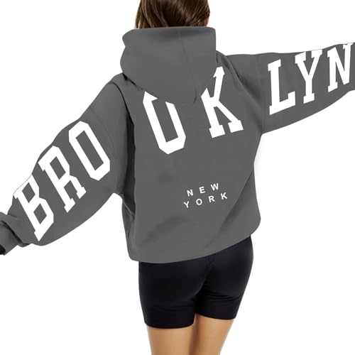 Brooklyn Hoodie Damen Oversize Backprint Pullover Briefe Aufdruck Kapuzenpullover Casual Winter Sweatshirt mit Taschen Kapuze Modisch Y2K Langarm Hoodies Langarmshirt Pulli von Generisch