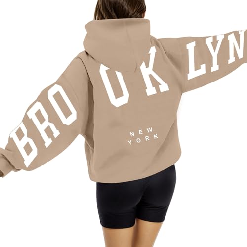 Brooklyn Hoodie Damen Oversize Backprint Pullover Briefe Aufdruck Kapuzenpullover Casual Winter Sweatshirt mit Taschen Kapuze Modisch Y2K Langarm Hoodies Langarmshirt Pulli von Generisch