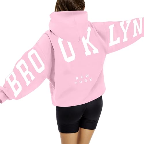 Brooklyn Hoodie Damen Oversize Backprint Pullover Briefe Aufdruck Kapuzenpullover Casual Winter Sweatshirt mit Taschen Kapuze Modisch Y2K Langarm Hoodies Langarmshirt Pulli von Generisch