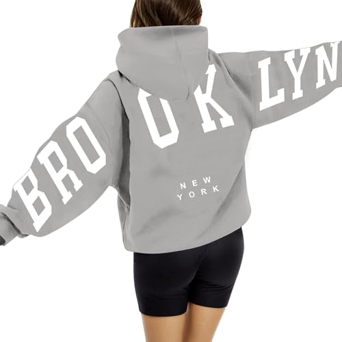 Brooklyn Hoodie Damen Oversize Backprint Pullover Briefe Aufdruck Kapuzenpullover Casual Winter Sweatshirt mit Taschen Kapuze Modisch Y2K Langarm Hoodies Langarmshirt Pulli von Generisch