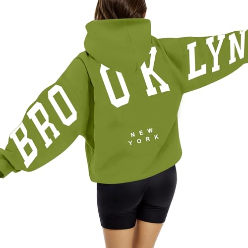 Brooklyn Hoodie Damen Oversize Backprint Pullover Briefe Aufdruck Kapuzenpullover Casual Winter Sweatshirt mit Taschen Kapuze Modisch Y2K Langarm Hoodies Langarmshirt Pulli von Generisch