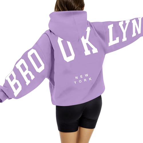 Brooklyn Hoodie Damen Oversize Backprint Pullover Briefe Aufdruck Kapuzenpullover Casual Winter Sweatshirt mit Taschen Kapuze Modisch Y2K Langarm Hoodies Langarmshirt Pulli von Generisch