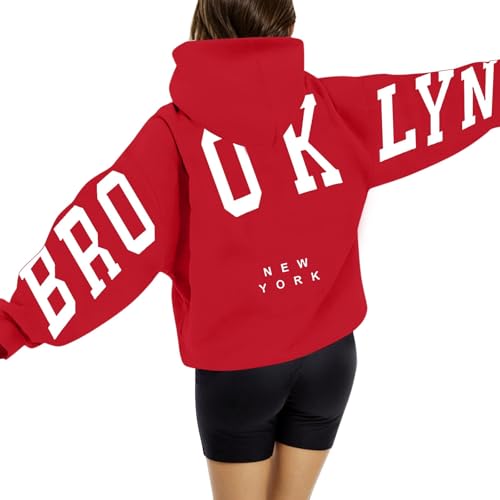 Brooklyn Hoodie Damen Oversize Backprint Pullover Briefe Aufdruck Kapuzenpullover Casual Winter Sweatshirt mit Taschen Kapuze Modisch Y2K Langarm Hoodies Langarmshirt Pulli von Generisch