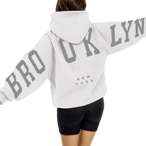 Brooklyn Hoodie Damen Oversize Backprint Pullover Briefe Aufdruck Kapuzenpullover Casual Winter Sweatshirt mit Taschen Kapuze Modisch Y2K Langarm Hoodies Langarmshirt Pulli von Generisch