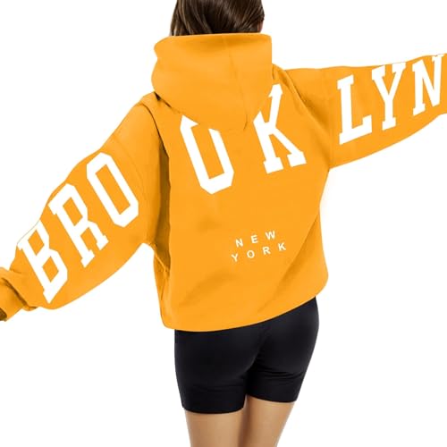 Brooklyn Hoodie Damen Oversize Backprint Pullover Briefe Aufdruck Kapuzenpullover Casual Winter Sweatshirt mit Taschen Kapuze Modisch Y2K Langarm Hoodies Langarmshirt Pulli von Generisch