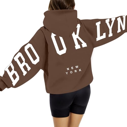 Brooklyn Hoodie Damen Oversize Backprint Pullover Briefe Aufdruck Kapuzenpullover Casual Winter Sweatshirt mit Taschen Kapuze Modisch Y2K Langarm Hoodies Langarmshirt Pulli von Generisch