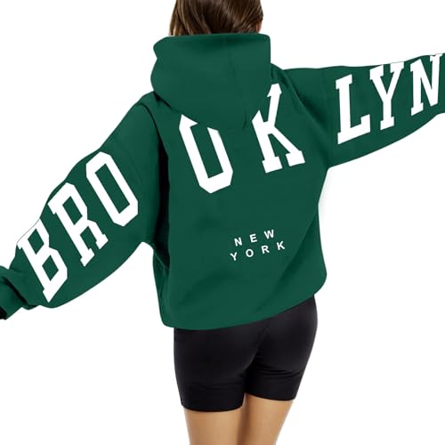 Brooklyn Hoodie Damen Oversize Backprint Pullover Briefe Aufdruck Kapuzenpullover Casual Winter Sweatshirt mit Taschen Kapuze Modisch Y2K Langarm Hoodies Langarmshirt Pulli von Generisch