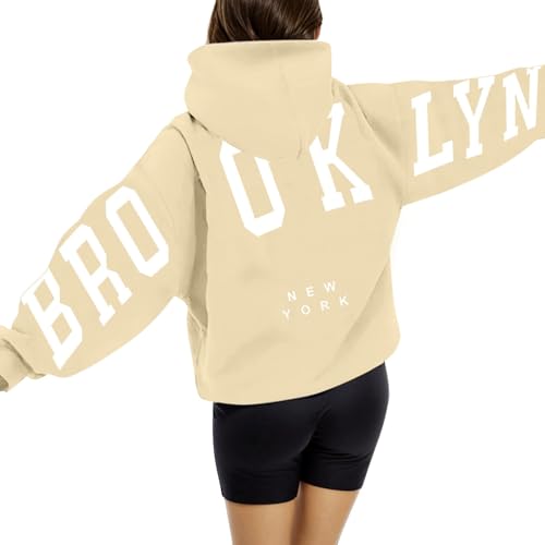 Brooklyn Hoodie Damen Oversize Backprint Pullover Briefe Aufdruck Kapuzenpullover Casual Winter Sweatshirt mit Taschen Kapuze Modisch Y2K Langarm Hoodies Langarmshirt Pulli von Generisch