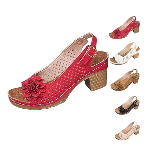 Buckled Square Heel Sandals for Women Dressy, Womens Low Slingback Peep Toe Wedge Dress Sandals Shoe Dressy (Red,35) von Generisch