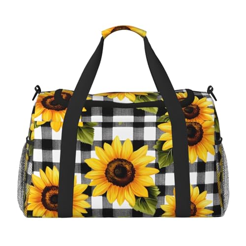 Buffalo Reisetasche mit Sonnenblumen-Motiv, kariert, für Fitnessstudio, Übernachtung, Wochenendtasche für Männer und Frauen, leichtes Handgepäck für Workout, Urlaub von Generisch