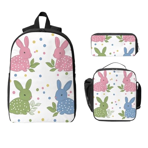 Bunny Dot Rucksack Set für Mädchen Jungen mit Lunchtasche Federmäppchen Ostern 3 Stück Schultaschen Isolierte Lunchbox Geschenke für Frauen Männer von Generisch
