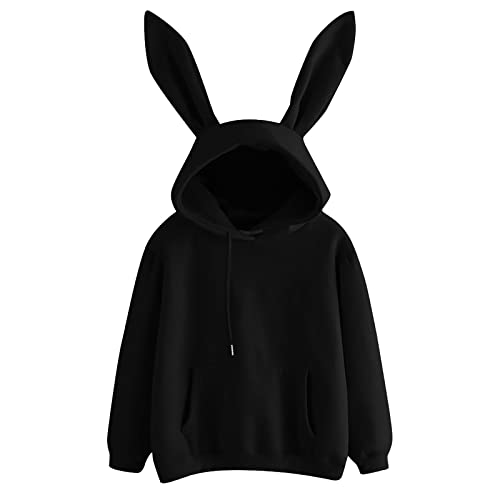 Bunny Ears Hoodie Cute Animal with Hood Hoodie with Bunny Ears Solid Bunny Ear Long Sleeve Funny Teen Hoodies Rabbit Ear Rabbit Ear Hoodie Hooded Design with Ear Decoration, Schwarz , L von Generisch
