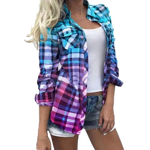 Bunt Kariertes Hemd Langarmshirt Damen Oversize, Casual Plaid Shirt Hemden Karierter Langarmhemden Vintage Oberteile Mode Lange Ärmel Strickjacke Mit Vielen Taschen Bluse Revers Tops Longshirt von Generisch