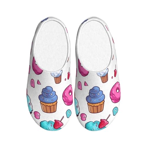 Bunte Cupcake-Donut-Hausschuhe für Damen, Flanell, Hausschuhe, für Herren, Dessert, rutschfest, warm, Winterschuhe für drinnen und draußen, mehrfarbig, X-Small Men/ Large Women von Generisch