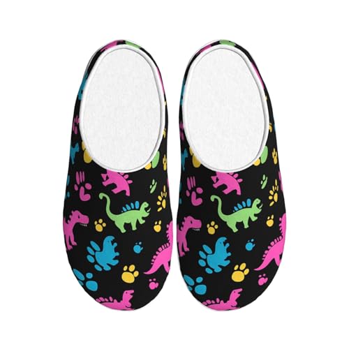 Bunte Dinosaurier-Hausschuhe für Damen, Flanell, Hausschuhe, Dino-Pfotenabdruck, rutschfest, warm, Winterschuhe für drinnen und draußen, mehrfarbig, X-Small Men/ X-Large Women von Generisch