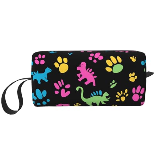 Bunte Dinosaurier-Make-up-Tasche, wasserabweisend, Reise-Kulturbeutel, Organizer für Damen und Herren, Dino-Pfotenabdruck, Kosmetiktasche mit Reißverschluss, tragbare kleine Werkzeugtasche von Generisch
