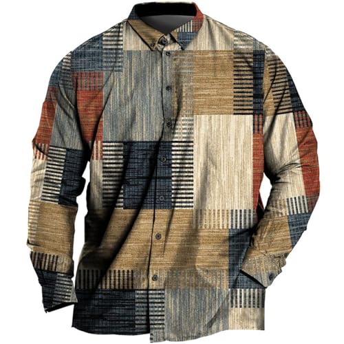 Bunte Hemden Herren Regenbogen Karomuster Langarmhemd Button Down Hemd Mit Revers Street Vintage Freizeithemd Print Herrenhemden Modische Oberhemden Regular Fit Shirts (Khaki, XL) von Generisch