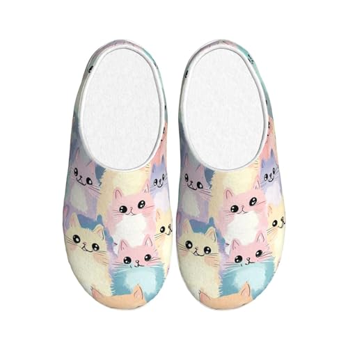 Bunte Katzen-Hausschuhe für Damen, Flanell, Hausschuhe, niedliches Kätzchen, rutschfest, warm, Winterschuhe für drinnen und draußen, mehrfarbig, X-Small Men/ Large Women von Generisch