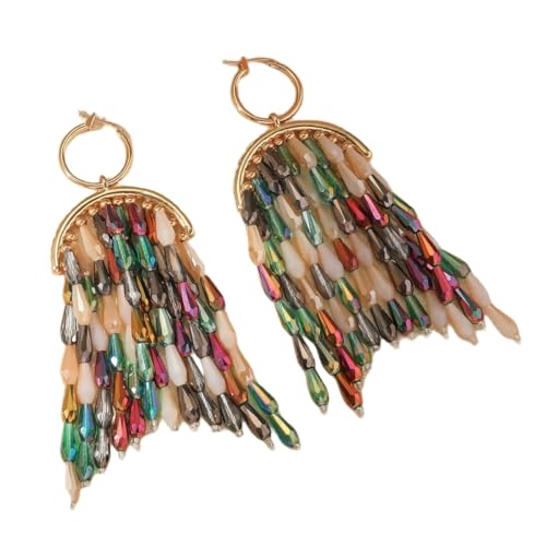 Bunte Lange Perlenohrringe Boho Native Handgemachte Perlenquaste Boho Große Statement Tropfen Fransen Creolen für Frauen Zierliche Schmuckgeschenke von Generisch