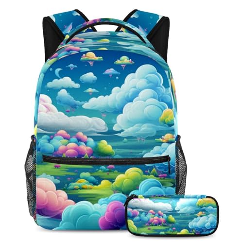 Bunte Wolken werten Ihre Schulutensilien auf, Rucksack mit Federmäppchen, perfekt für Jungen, Mädchen und Jugendliche, Mehrfarbig Nr. 02, B：29.4x20x40cm P：19x7.5x3.8cm, Tagesrucksäcke von Generisch