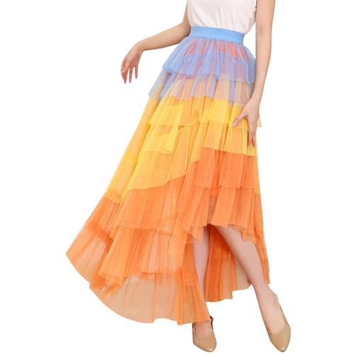 Karneval Kostüm Damen Tüllrock Regenbogen Prom Abendkleider Anlass Mottoparty Rock Lang Clown Bunter 50er Pastell von Generisch