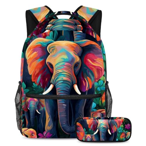 Buntes Elefanten-Schulranzen-Set mit großem Fassungsvermögen, Rucksack und Federmäppchen für Jungen, Mädchen, Teenager, 2-teilig, Mehrfarbig Nr. 05, B：29.4x20x40cm P：19x7.5x3.8cm, Tagesrucksäcke von Generisch