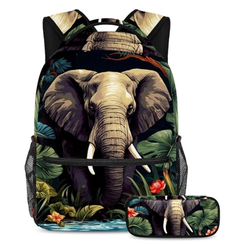 Buntes Elefanten-Schulranzen-Set mit großem Fassungsvermögen, Rucksack und Federmäppchen für Jungen, Mädchen, Teenager, 2-teilig, Mehrfarbig Nr. 06, B：29.4x20x40cm P：19x7.5x3.8cm, Tagesrucksäcke von Generisch