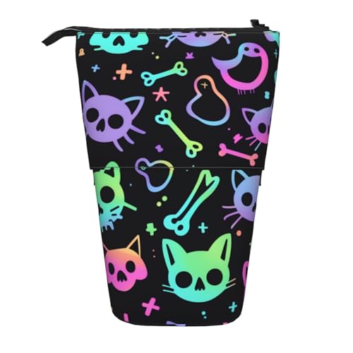 Buntes Federmäppchen mit Totenkopf-Katze, stehend, Skelett, Kätzchen, Stifteetui, Teleskop-Bleistifttasche, Pop-Up-Kosmetiktasche, Schreibwaren-Organizer für Schule, Büro, Reisen von Generisch
