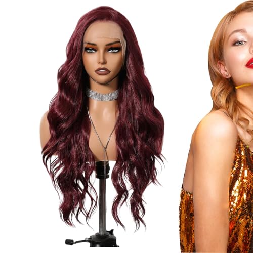 Burgund -Spitzen -Vorderperücken, dunkle Burgundperiere | 25 Zoll roter langer Hüpfbörsenwellenperücken - Haare vorgezogen, realistisch aussehen, 13x6 transparente Spitze für Frauen, lockig für den tä von Generisch
