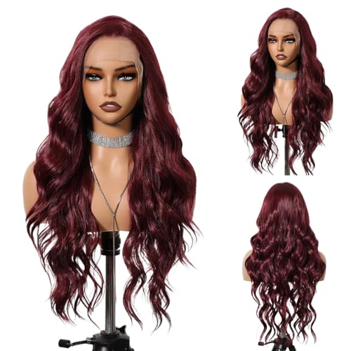 Burgunder Frontalperücke aus echtem Haar – 25 Zoll lange Körperwellen-Perücke in Rot | 13x6 Spitzenperücke mit vorgezupfter transparenter Lace-Front für Frauen, natürliches Aussehen & glühweinfarbener von Generisch