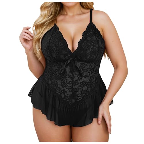 Busenfrei Dessous Übergröße, Unterwäsche, tiefer V-Pyjama Dessous Schwarz Spitze Set (Black, L) von Generisch