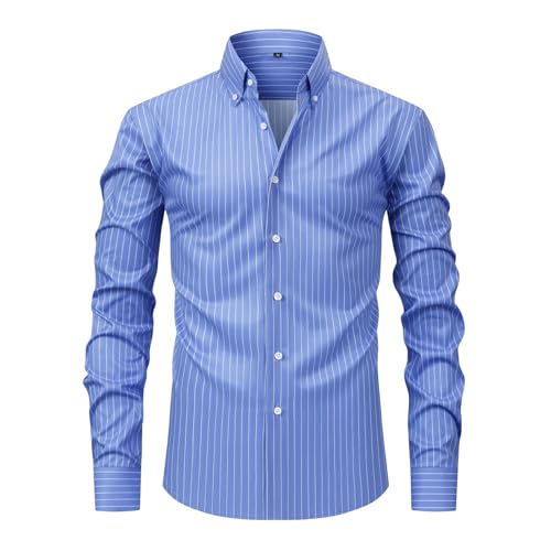 Business Hemd Herren Gestreiftes Hemden Langarm Casual Hemden Bügelfrei Langarmhemd Slim Fit Oberhemden Herrenhemden Button Down Trachtenhemd Businesshemden (Himmelblau, S) von Generisch