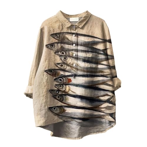 Button-Down-Baumwoll-Leinen-Hemden, locker, fließend, quadratisch, Leinen-T-Shirt für Damen, Vintage-Fisch-Kunstdruck, Reverskragen, Knopfblusen, lange Ärmel, lässige Oberteile, Hemden und Blusen, Button-Down-Baumwoll-Leinen-Hemden, locker, fließend, quadratisch, Leinen-T-Shirt für Damen, Vintage-Fisch-Kunstdruck, Reverskragen, Knopfblusen, lange Ärmel, lässige Oberteile, Hemden und Blusen, von Generisch